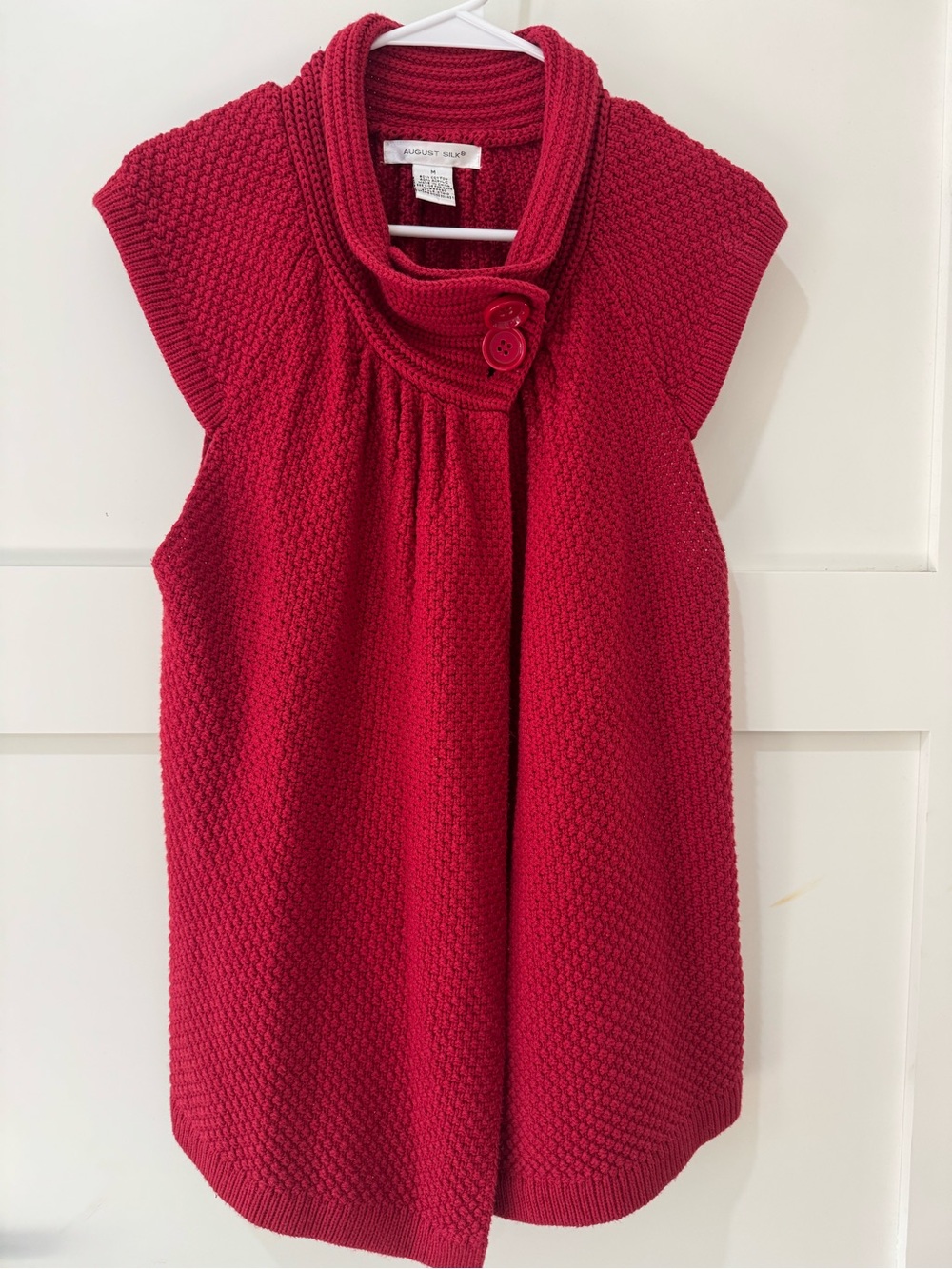August Silk Crimson Red chunky Knit Sleeveless Mock Neck cardigan